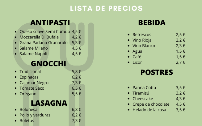 Cartel lista de precios restaurante
